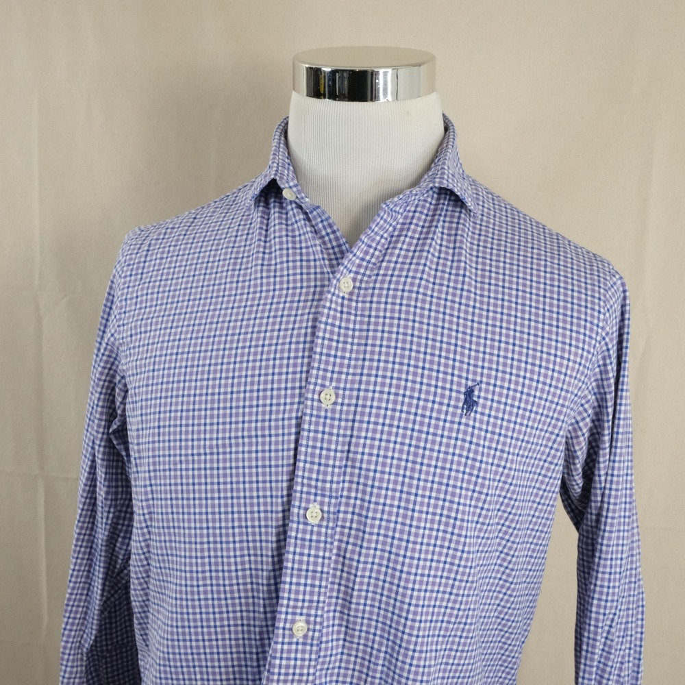 Polo Ralph Lauren Medium Button Front Shirt Purple Blue Plaid 100% Cotton Mens
